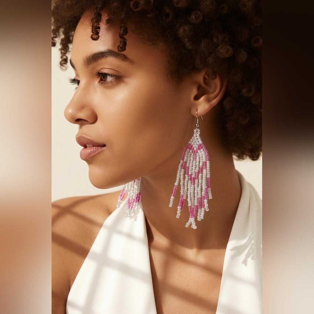 Hidden Heart Seed Bead Fringe Earrings | Neon Pink & Milky Gray Beaded Dangle - Picture 3 of 4